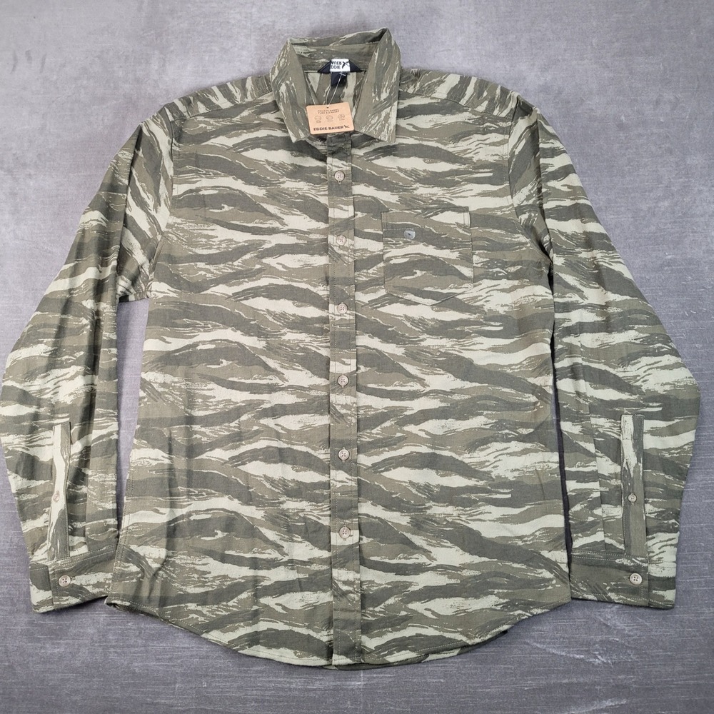 Eddie Bauer Field Flannel Flex 2.0 Shirt Mens Large Tiger Stripe Camo Green L‎